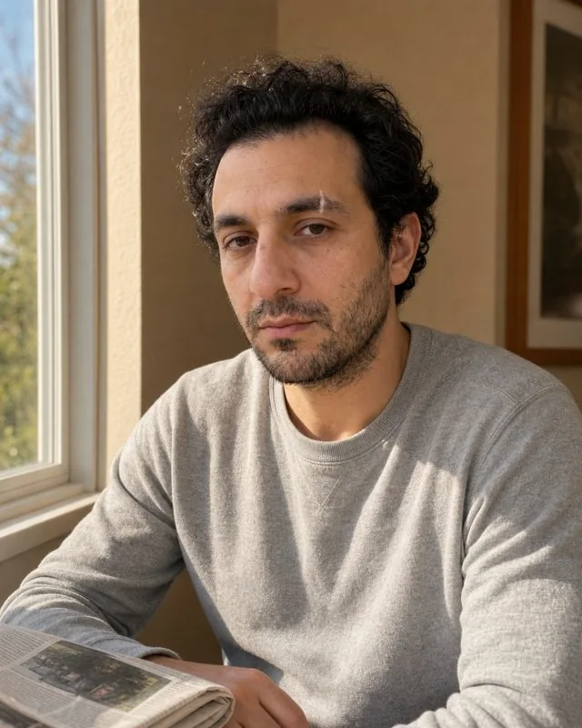 Brunch: seated by a sunlit window with a newspaper folded on the table, light grey sweatshirt