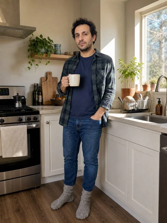 Weekend, head to toe: a full-length frame standing in a sunlit kitchen holding a mug, flannel shirt over a tee