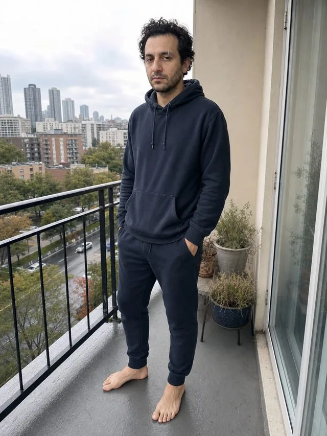 Weekend, head to toe: the whole figure on a balcony with the city behind, hoodie and joggers, bare feet visible, soft overcast light