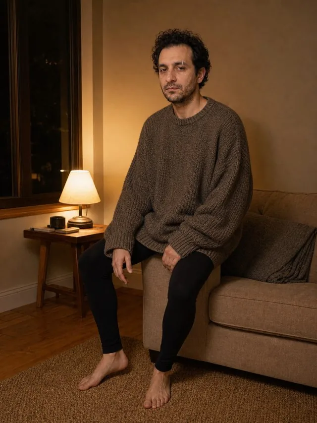 Weekend, head to toe: a head-to-toe frame perched sideways on the arm of a sofa, oversized knit and leggings