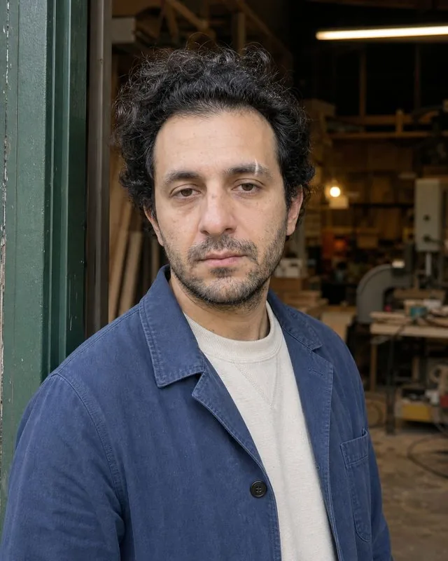 Workwear: a portrait in a faded indigo chore coat over a heavy cream sweatshirt, standing in a workshop doorway
