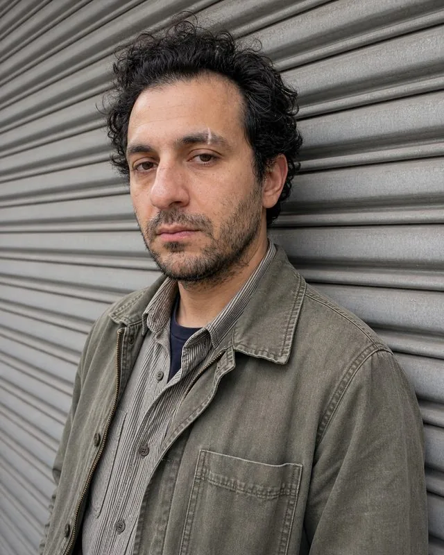 Workwear: a waist-up frame in a washed canvas jacket with patch pockets over a striped work shirt