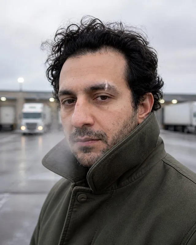 Workwear: a close portrait in a thick olive duck-canvas coat with the collar turned up, cold air and visible breath