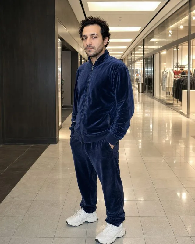 Y2K: in a shopping mall corridor under cool fluorescent light, velour tracksuit and chunky trainers