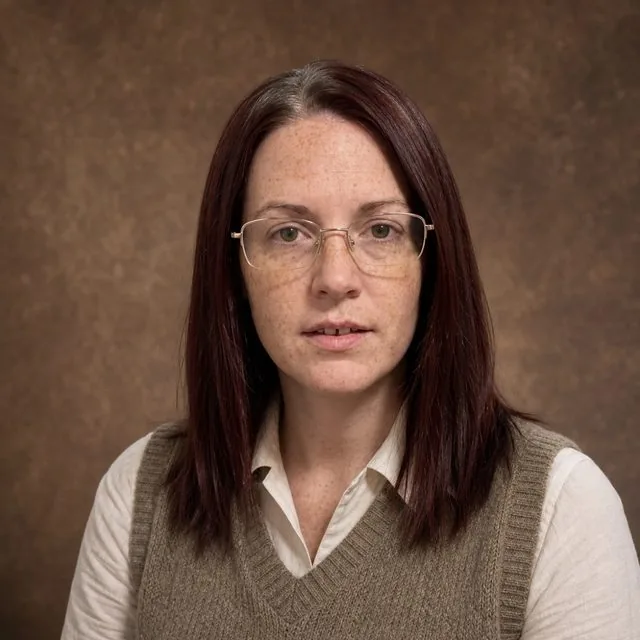 Yearbook: a yearbook frame against a mottled brown backdrop, wide-collared shirt and a knitted tank top
