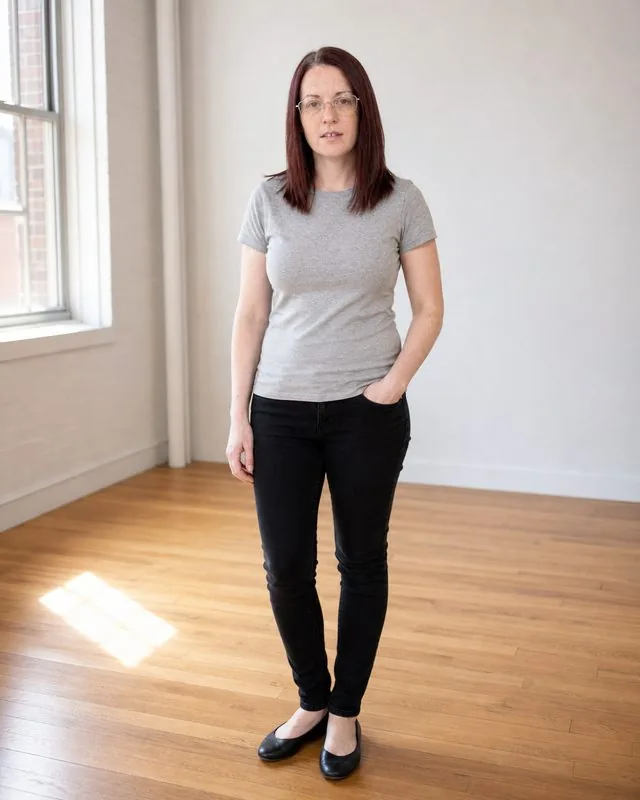 Yoga: in a bright wooden-floored studio holding a standing pose, soft window light, plain fitted clothing