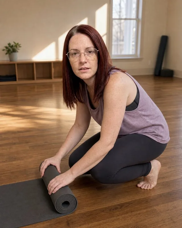Yoga: rolling up a mat at the end of a class in a loose vest and leggings, warm daylight, quiet empty studio behind