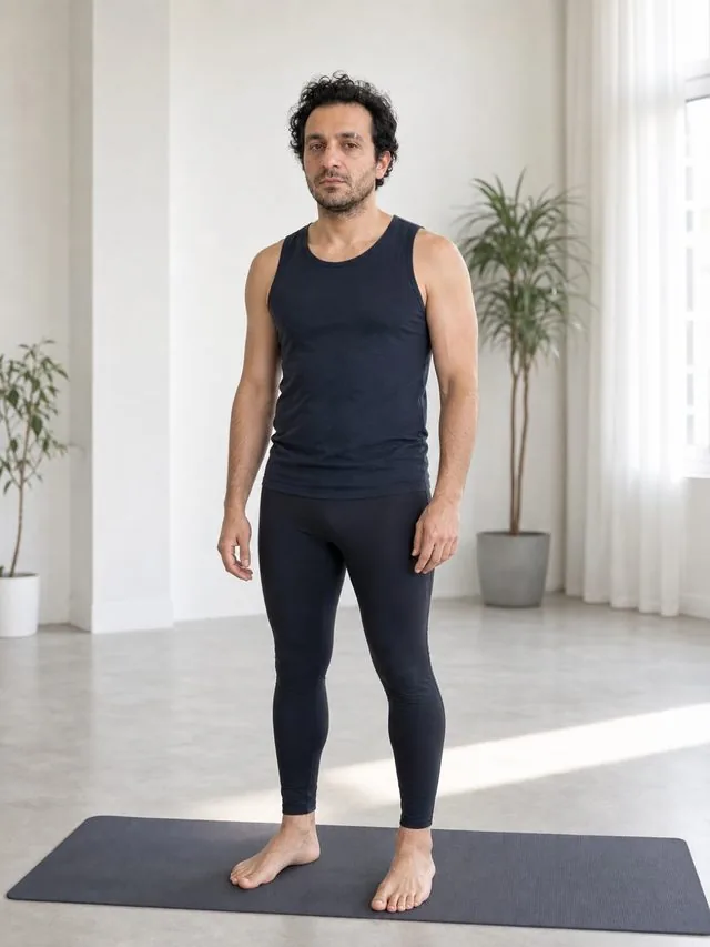 Yoga studio: a full-length frame standing on a mat in a bright studio, fitted tank top and leggings