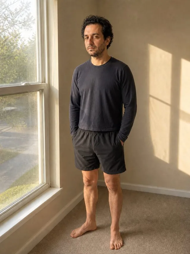 Yoga studio: the entire figure in a balanced standing pose beside a window, cropped long-sleeve top and shorts