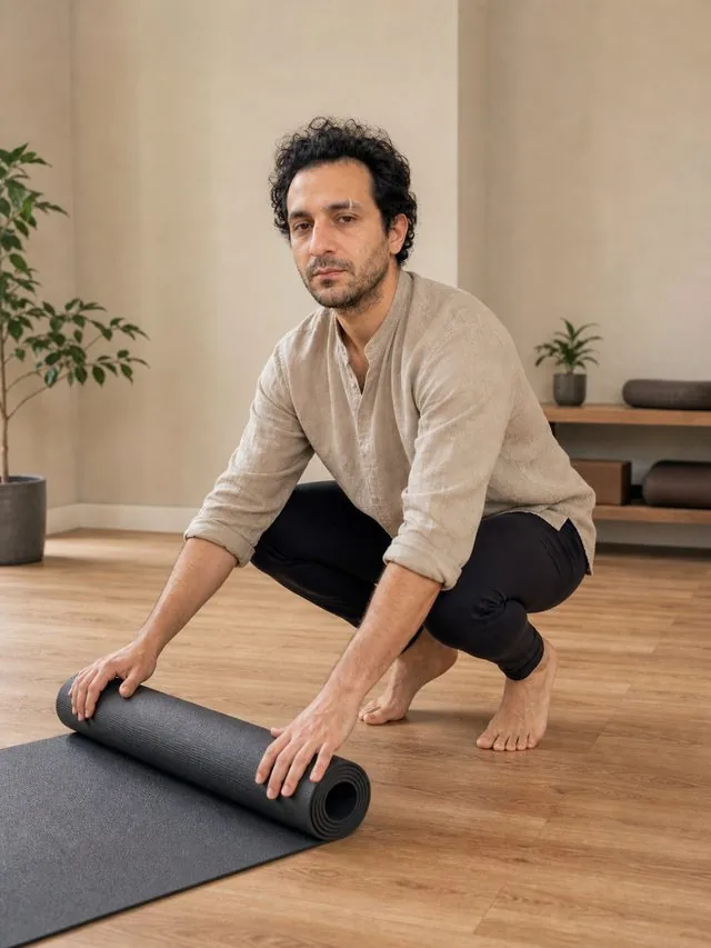 Yoga studio: a head-to-toe frame rolling out a mat, loose linen top over leggings, feet visible, calm even light