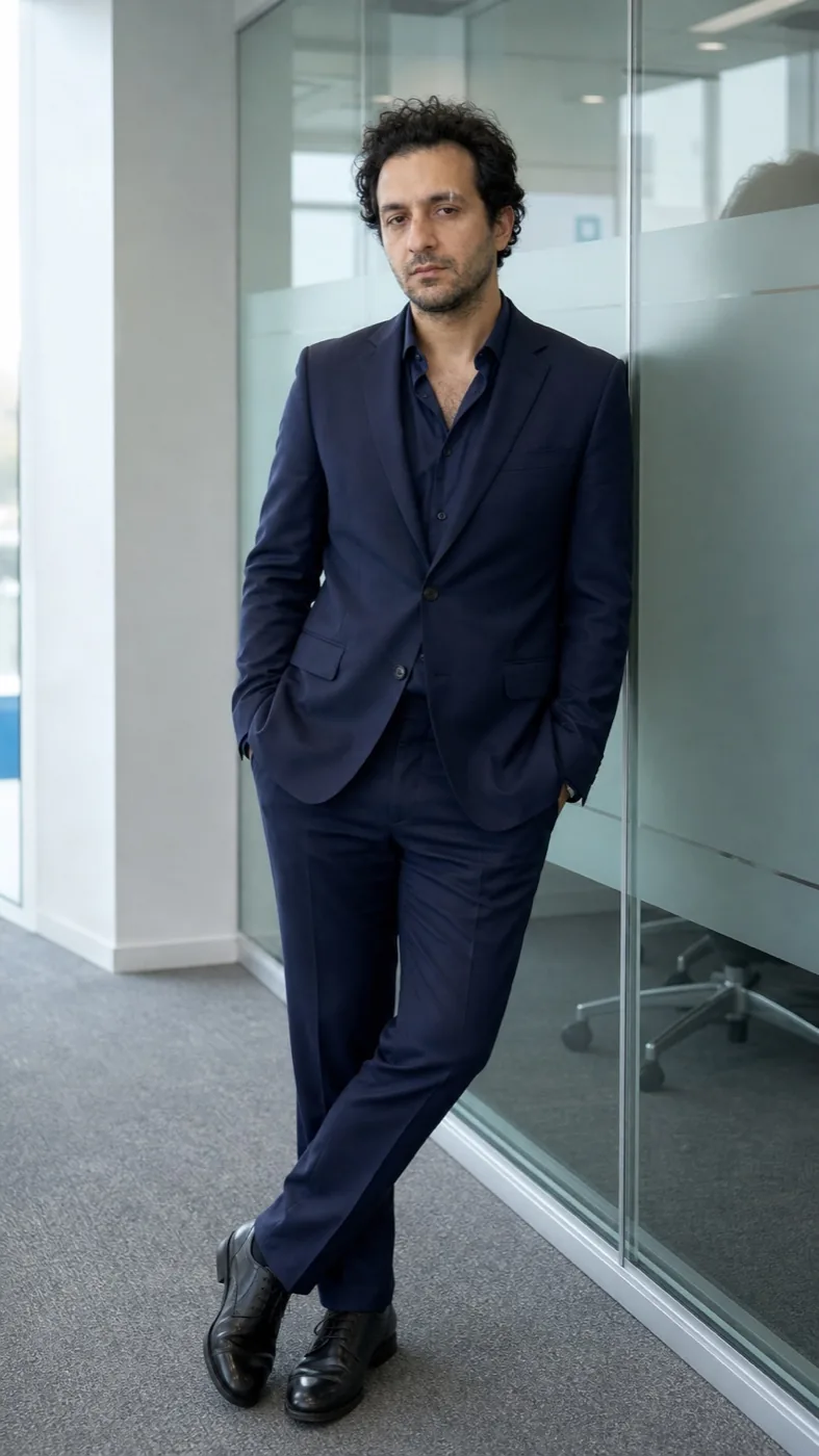 Tomas head to toe in a navy suit against a glass office wall, both shoes in frame, same curls