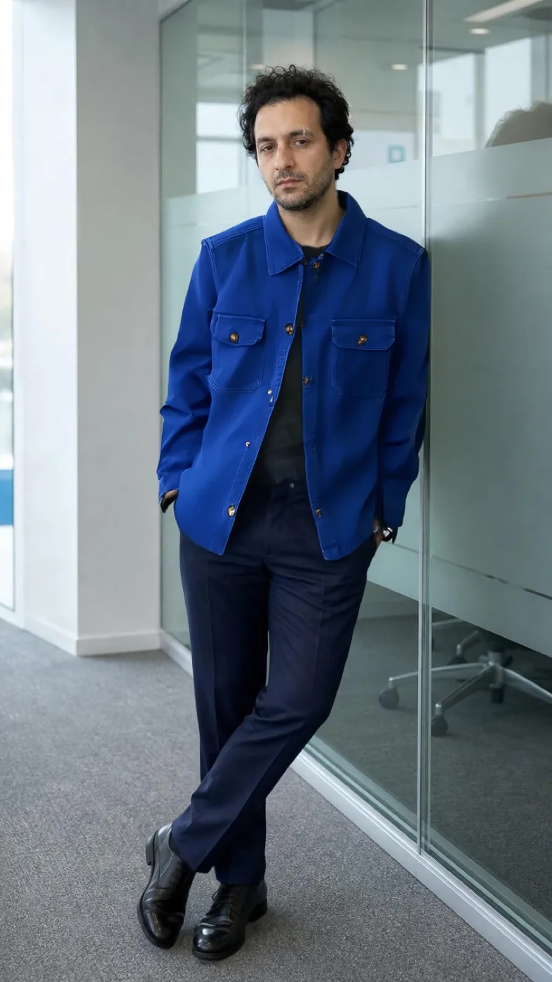 The same full-length photo of Tomas with a white t-shirt tried on in place of the suit